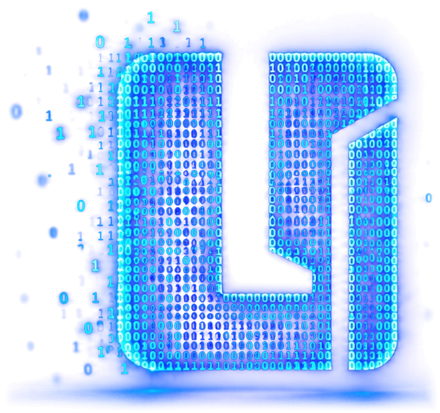 LI Vibes Aperture mark: the letters L and I drawn in glowing blue binary digits