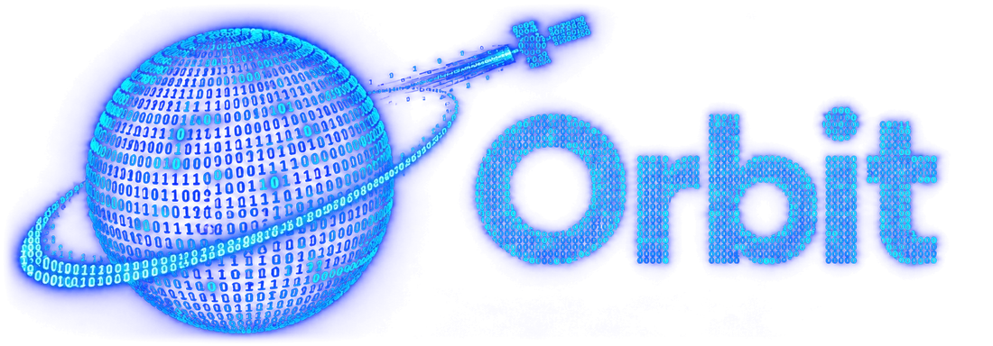 Orbit logo: a planet with a ring and a small satellite, drawn in glowing blue binary digits, beside the Orbit name