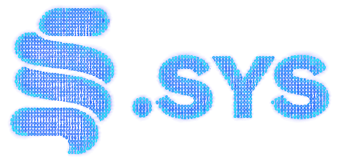 .SYS logo: stacked ribbon shapes and the .SYS name, drawn in glowing blue binary digits