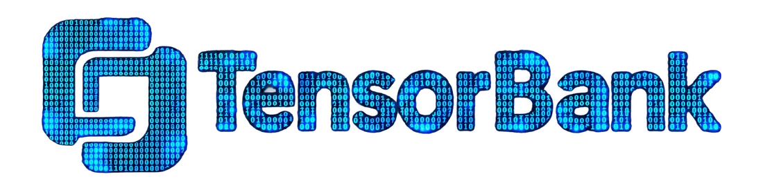 TensorBank logo: two interlocking rounded-square hooks and the TensorBank name, drawn in glowing blue binary digits